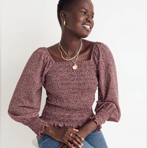 Madewell Lucie Bubble-Sleeve Smocked Top in Vintage Mulberry XXS